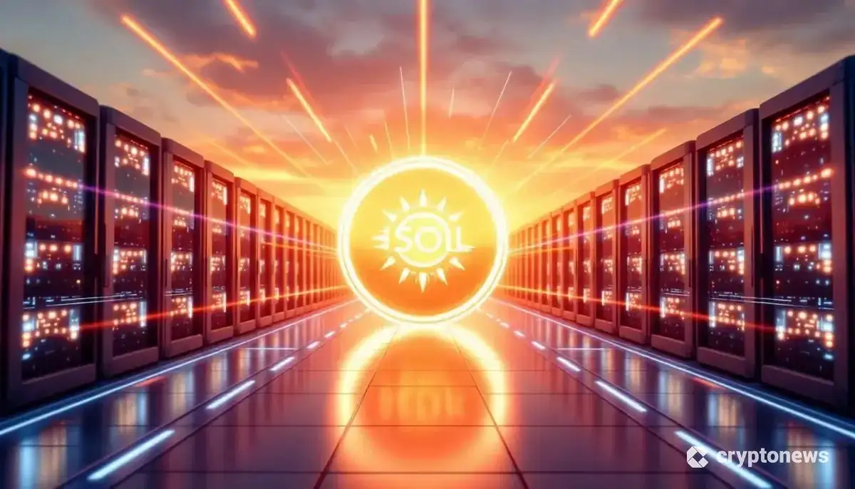未来的なデータセンターで輝くソラナのロゴ