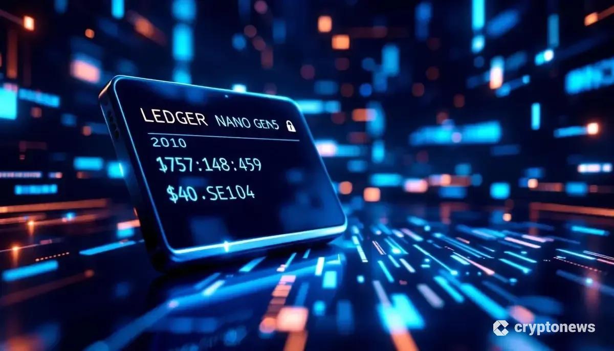 新しいLedger Nano Gen5デバイスと、その周りを流れるブロックチェーンデータを示す未来的な画像。