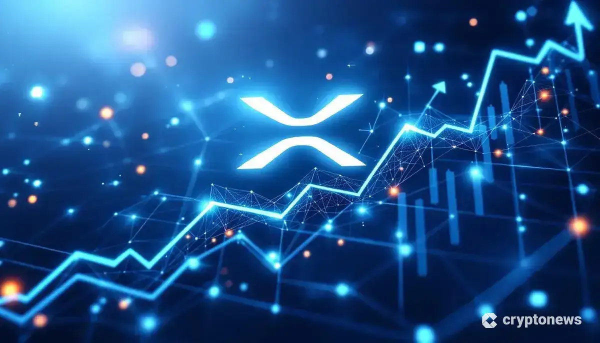 上昇トレンドを示すXRPの価格チャートとネットワーク構造を表現したデジタルアート