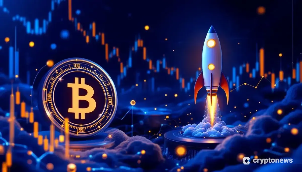 SpaceXのロケットとビットコインのロゴが並ぶ未来的なデジタル空間のイメージ