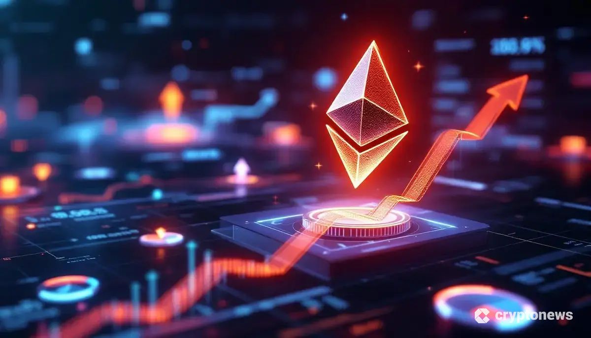 イーサリアムのロゴと上昇する株価チャートが描かれた未来的な金融イメージ