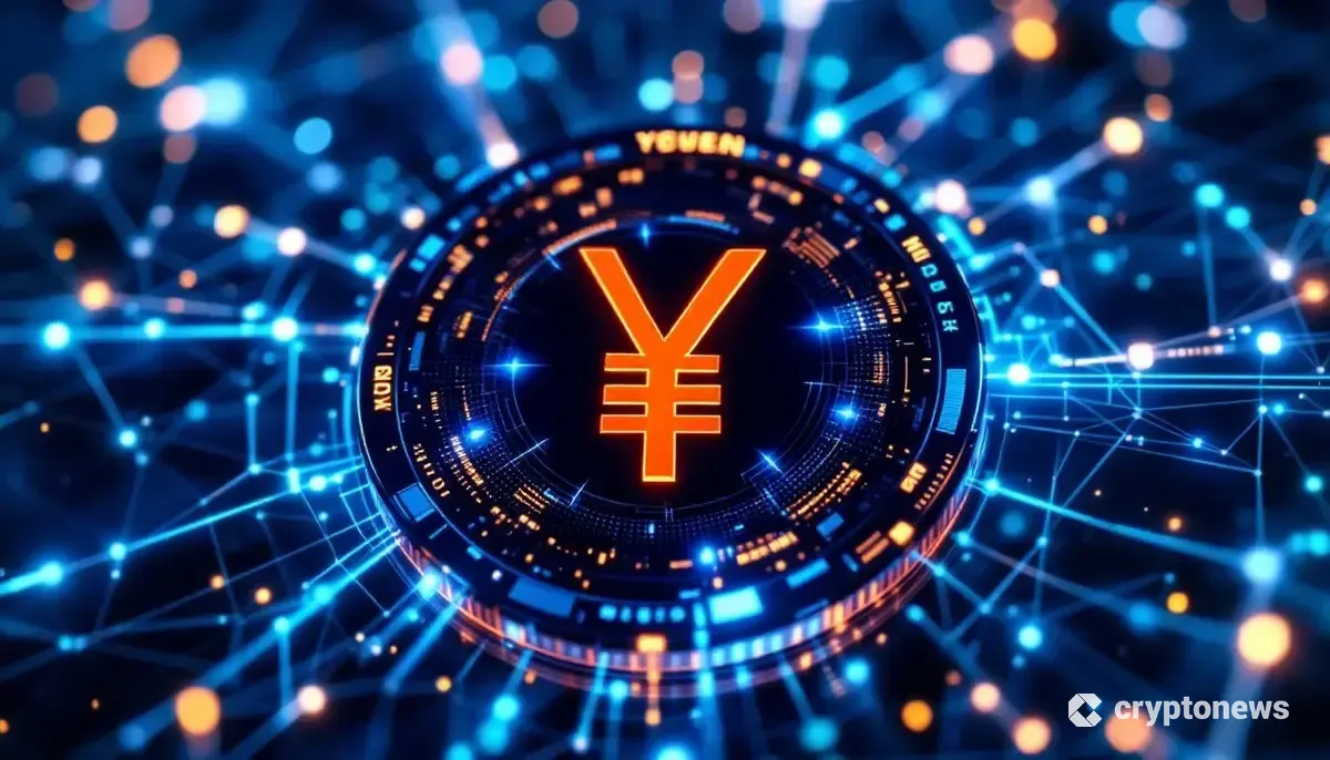 日本円のデジタルコインが輝く未来的な金融テクノロジーのイメージ