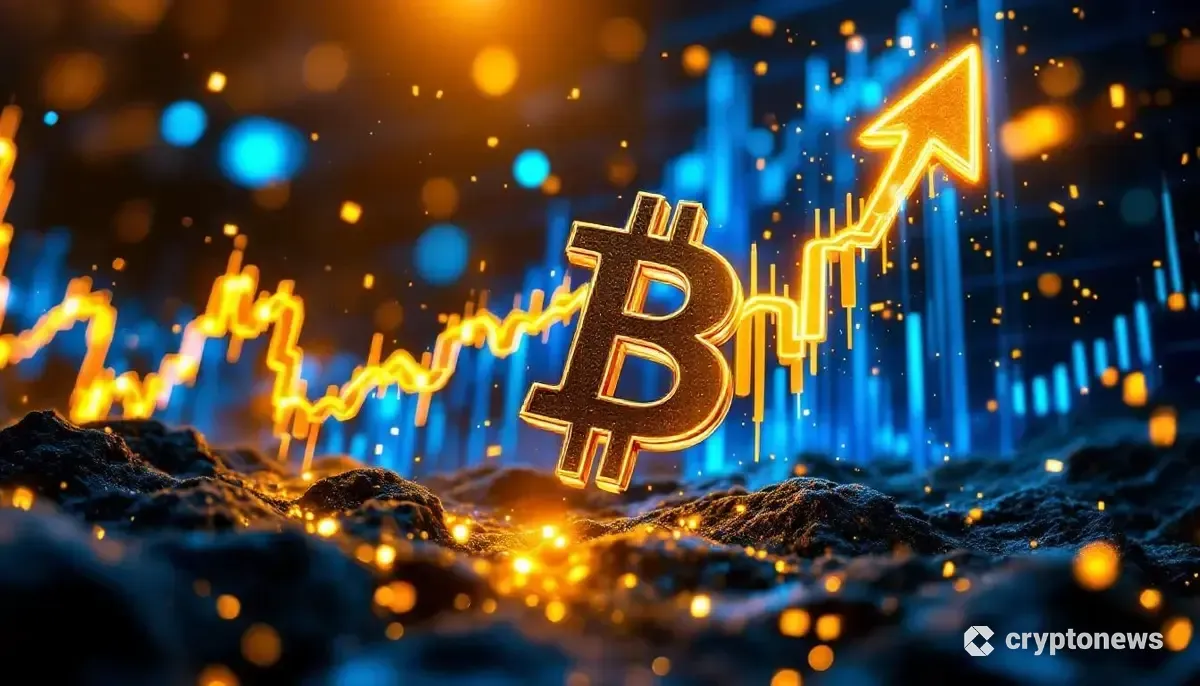 日経平均株価5万円突破とビットコイン上昇を表現する金融市場のダイナミックな画像