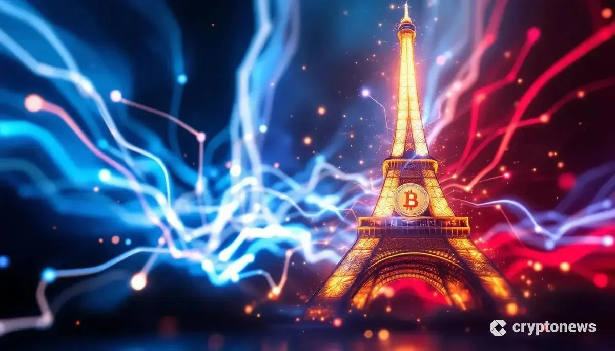 フランス国旗の色を背景に、エッフェル塔と輝くビットコインのロゴが描かれた未来的な画像