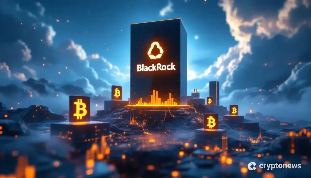 ブラックロックのロゴが他のビットコインETFチャートを圧倒する未来的な金融市場のイメージ。