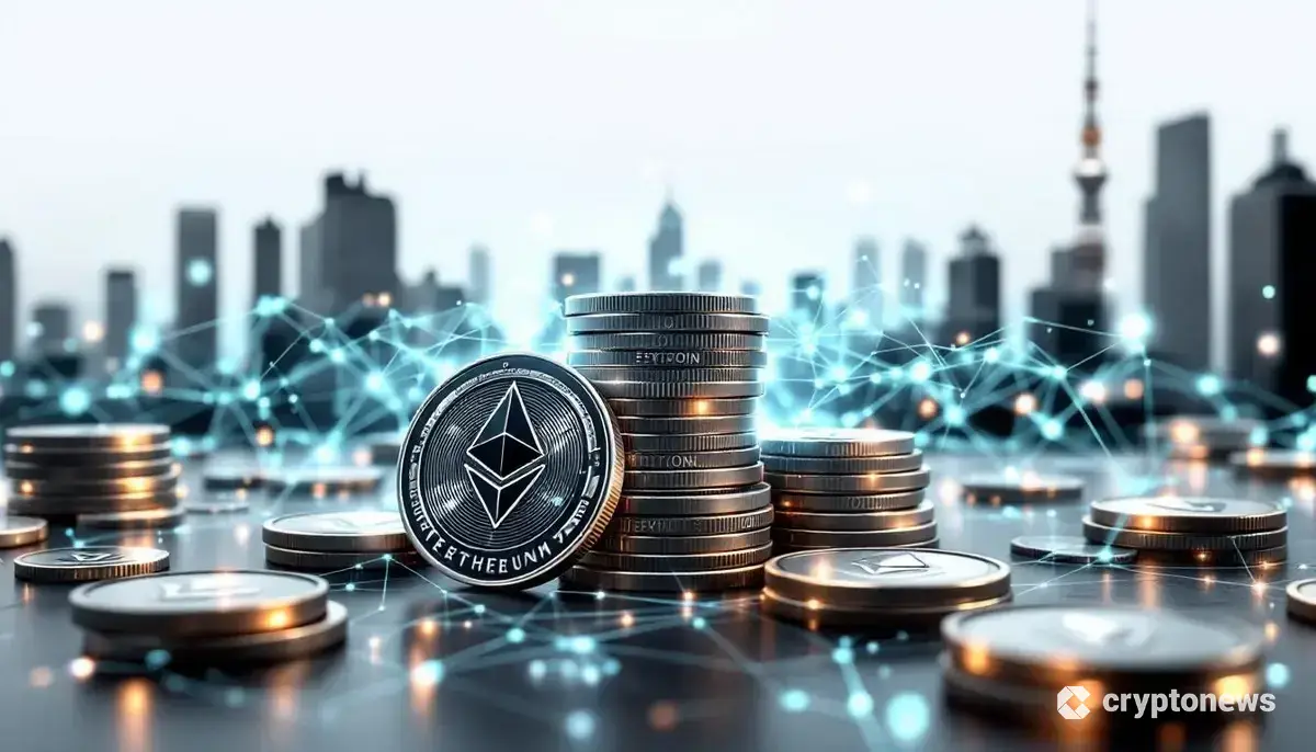 東京の街並みを背にイーサリアム保有拡大を象徴するコインの山