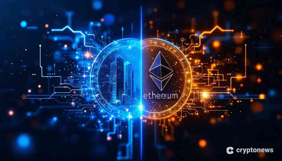 現実資産がイーサリアムのブロックチェーン上でトークン化される様子を表現した未来的なイメージ。