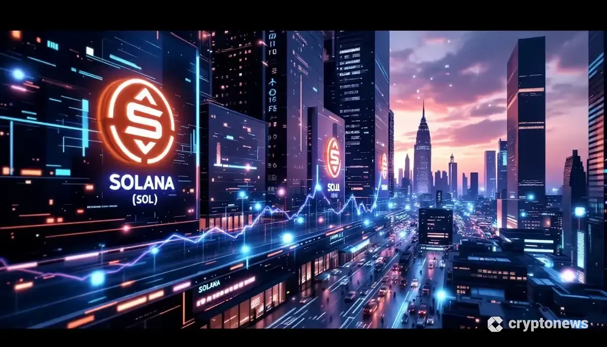 未来的なウォール街の都市景観にソラナのロゴが統合され、データが流れる様子を表す画像