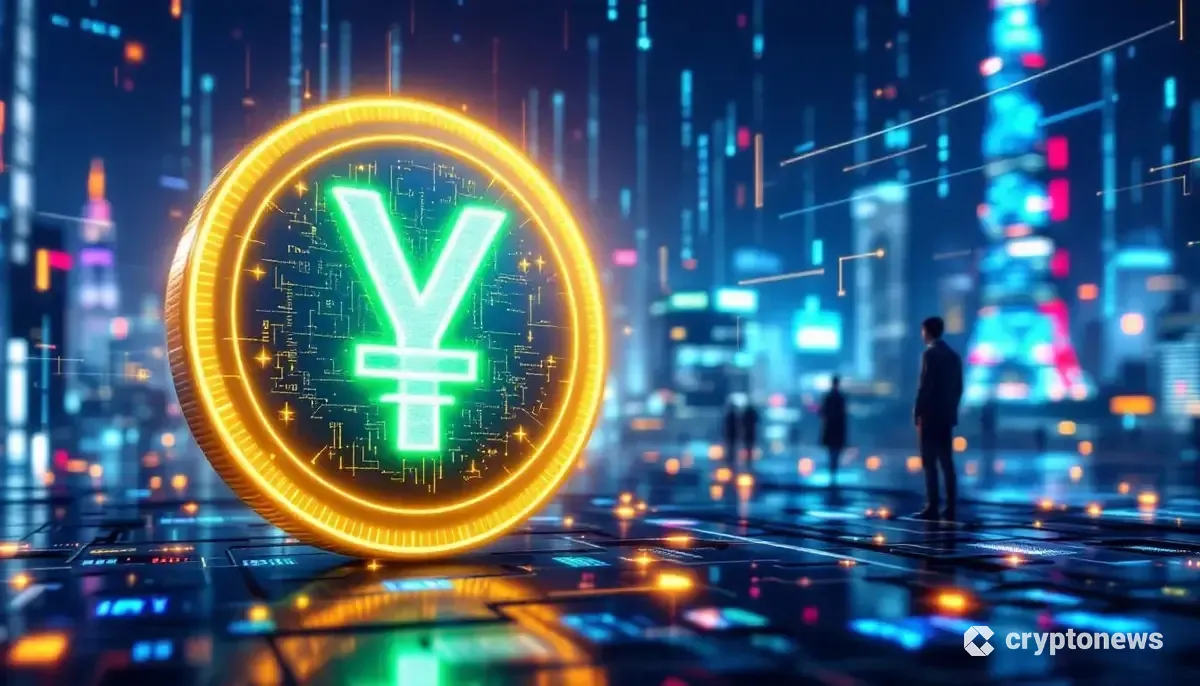 日本の円とブロックチェーンが融合した未来的な金融テクノロジーのイメージ