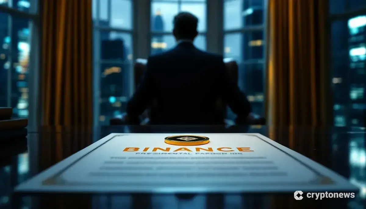 ホワイトハウスの大統領執務室の机に置かれた、バイナンスの紋章が入った恩赦状