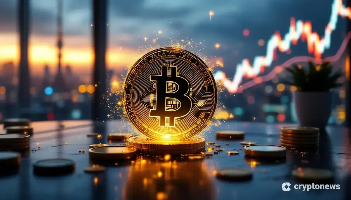 日本円からビットコインへと変化するコインと、背景に上昇するチャートが描かれた未来的な画像