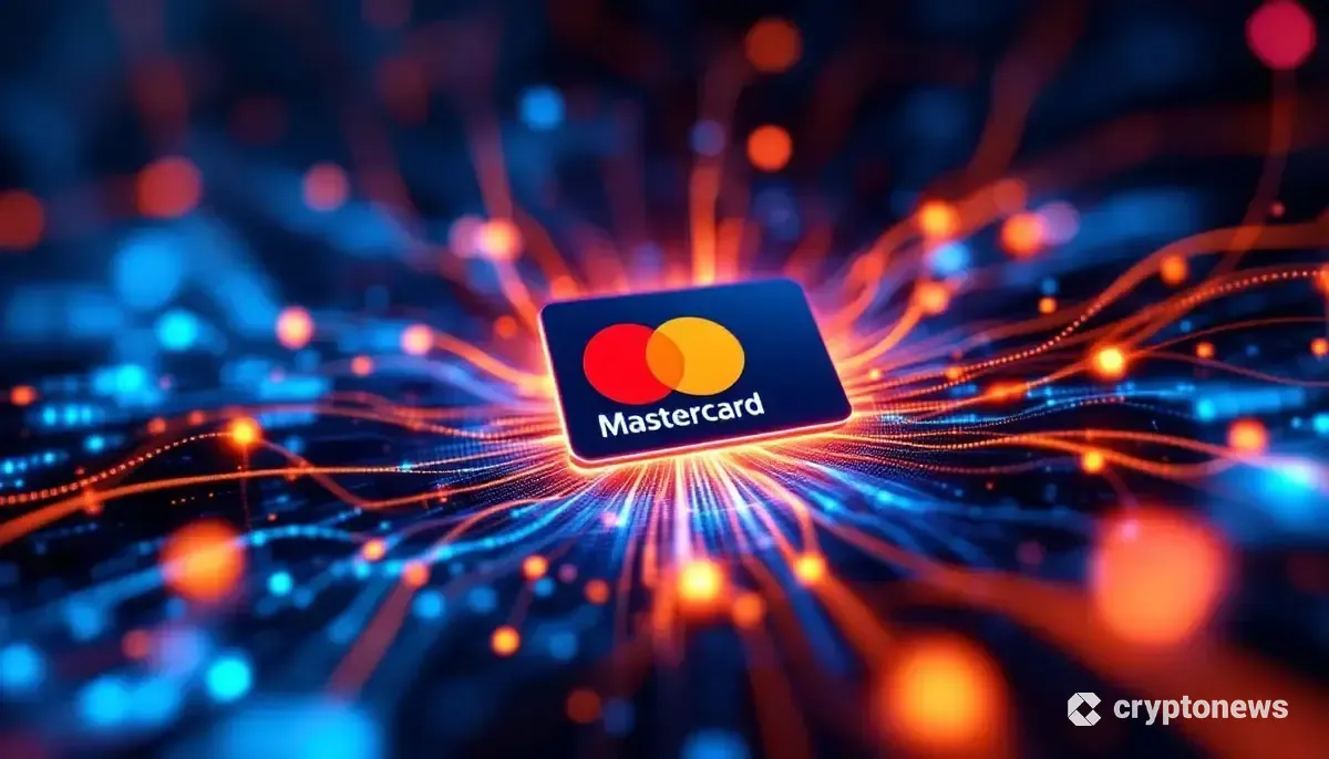 マスターカードのロゴとブロックチェーンネットワークが融合した未来的な金融決済のイメージ。