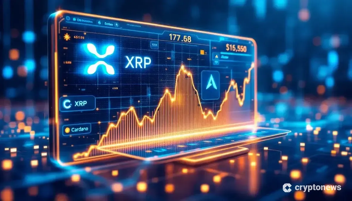 仮想通貨の価格予測を表示する未来的なAIインターフェース