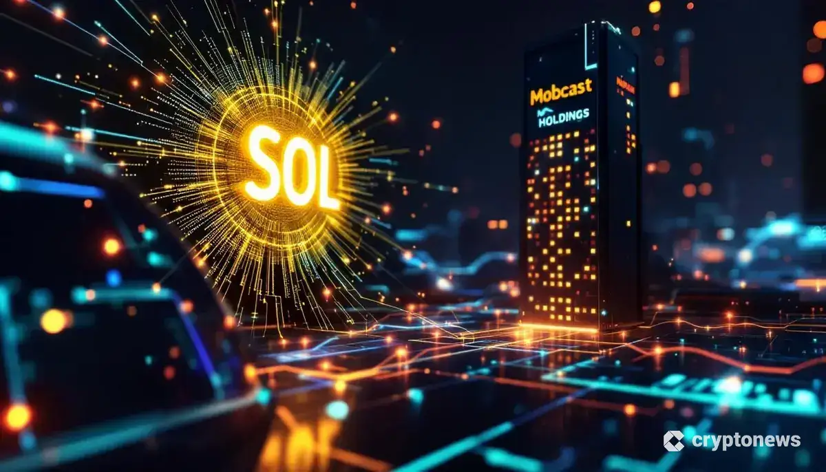 未来的な企業ビルにデータが流れ込むソラナ（SOL）のロゴ