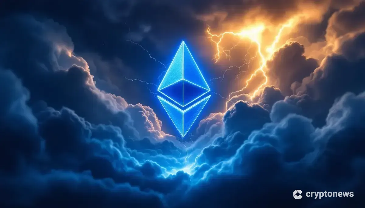 暗雲立ち込める中で光り輝くイーサリアムのシンボルと市場の変動を表現する稲妻
