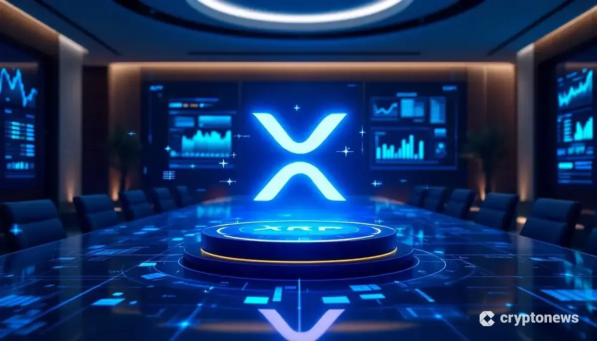 XRPのロゴが輝く未来的な金融機関の会議室。機関投資家の参入を象徴する