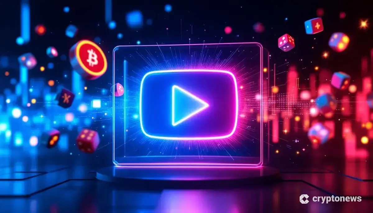 YouTubeのロゴがギャンブル要素からNFTやブロックチェーンを守る様子の象徴的な画像