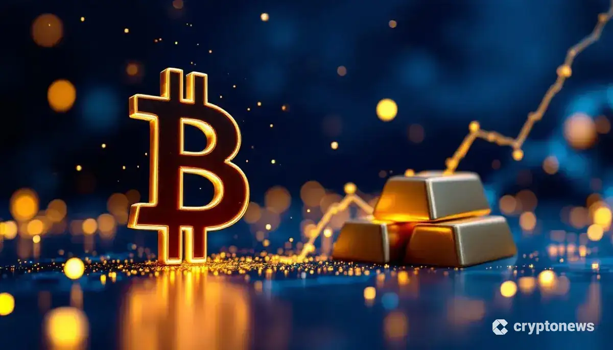 金の延べ棒と並んで輝くビットコインのロゴ、強気相場を示すグラフ