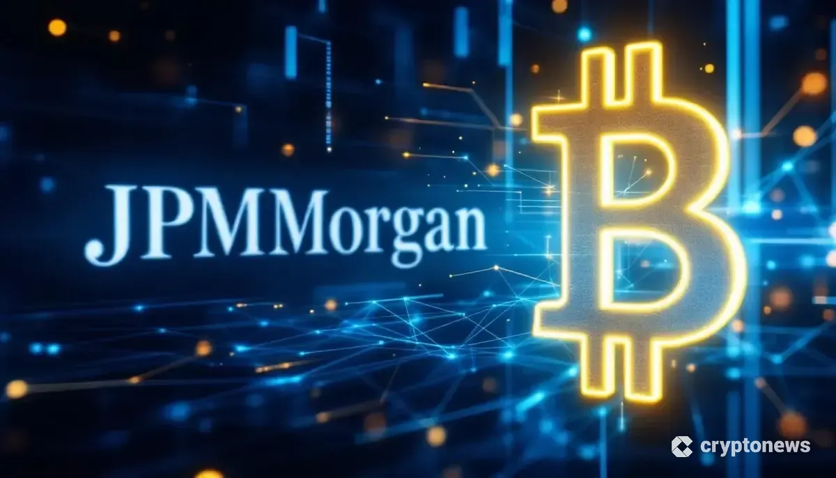JPモルガンのロゴとビットコインのシンボルが融合する未来的な金融テクノロジーのイメージ
