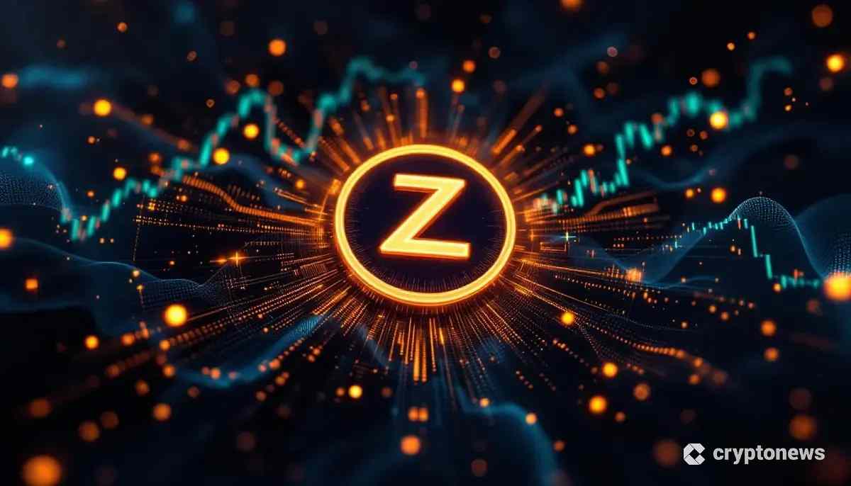 輝くZcashのロゴと、機関投資家の採用を示す金融ダッシュボードのチャート。