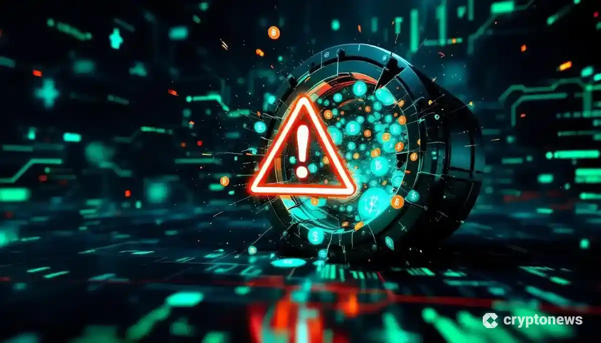 ハッキングされ、暗号資産が流出するデジタル金庫と警告マーク