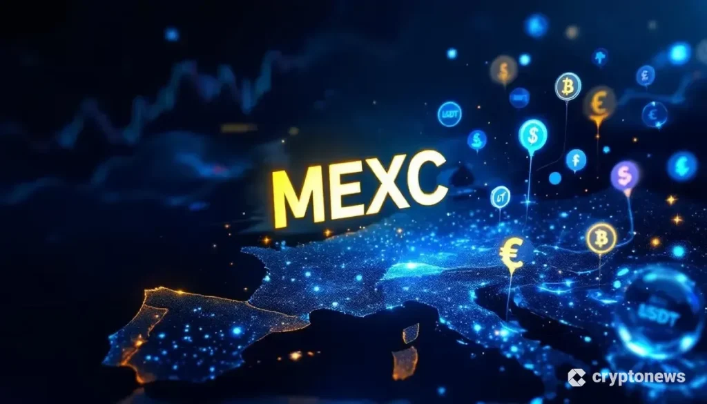 MEXCのロゴとヨーロッパ地図を背景に、デジタル通貨が流れる様子のグラフィック
