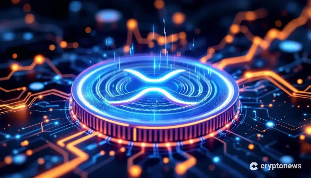 XRPトークンと価格チャートのサポートラインを示す未来的な金融インターフェース