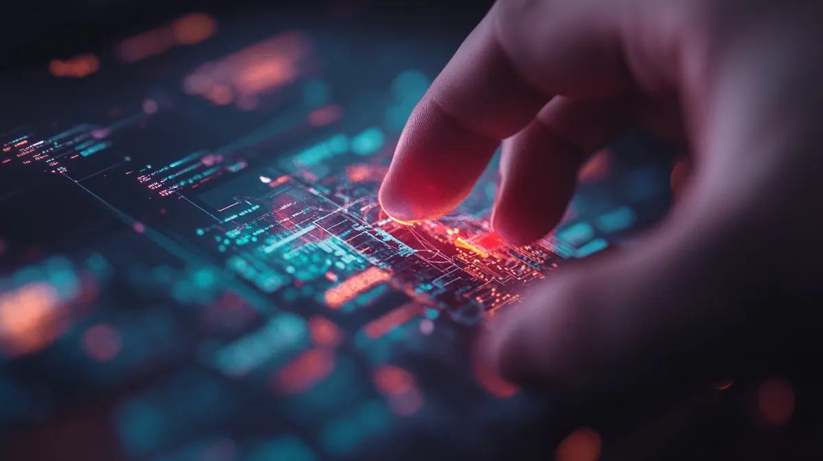 デジタルネットワークを操作する指先のイメージ。ブロックチェーン技術やデータ通信の概念を表現。
