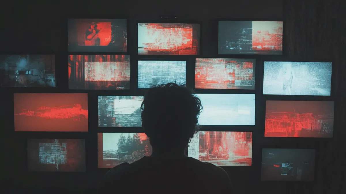 複数のモニターを監視する人物。データセキュリティや分散型ネットワークの監視をイメージ。