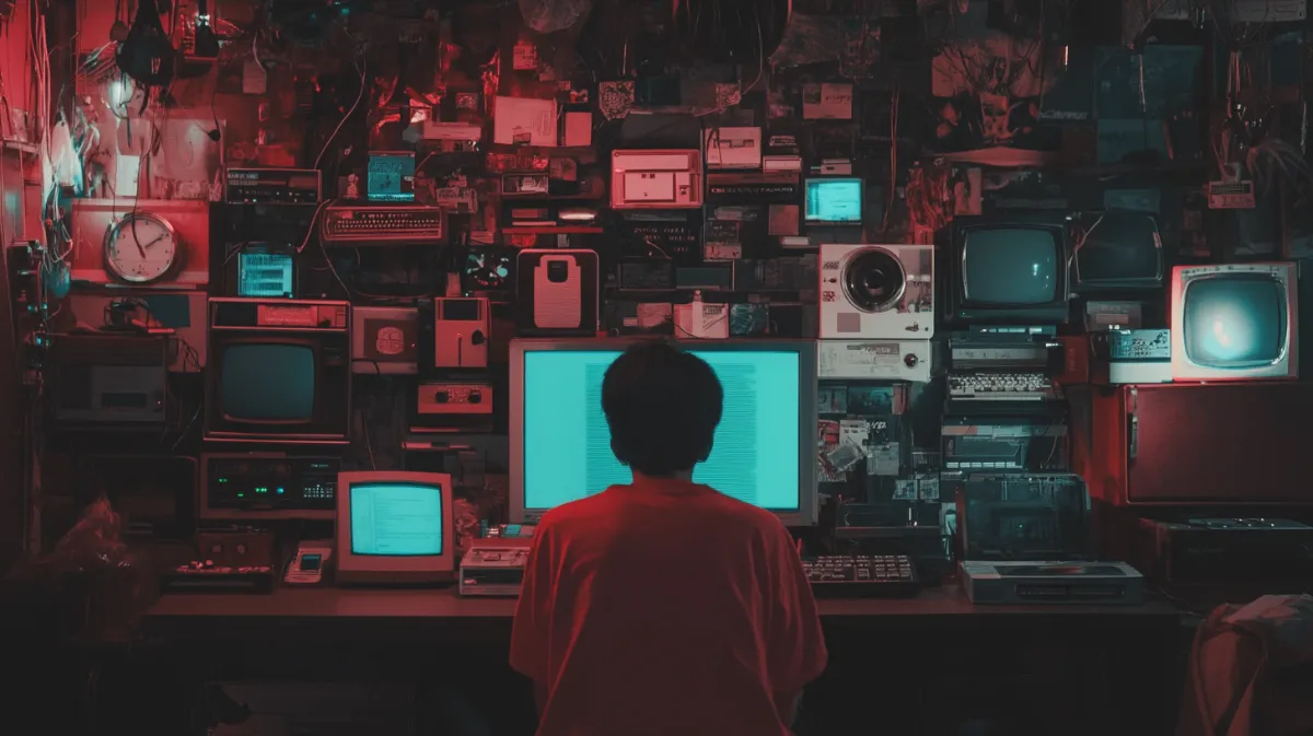 レトロなコンピューターに囲まれた研究者。Web3開発やデータ分析の象徴的なビジュアル。