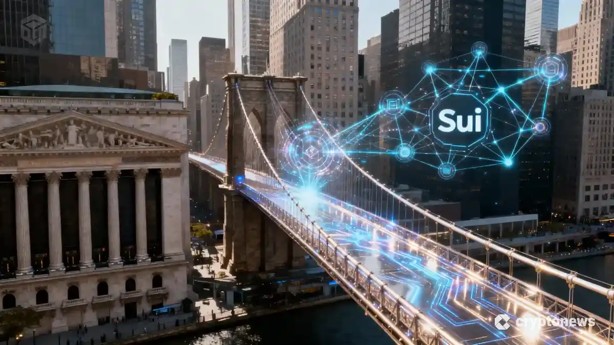 ウォール街とSuiエコシステムを繋ぐ未来的な橋のイラスト、機関投資家の参入を象徴。