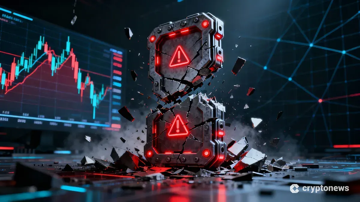 分散型金融プラットフォームの危機を象徴する、崩れ落ちるブロックチェーンと赤い警告灯