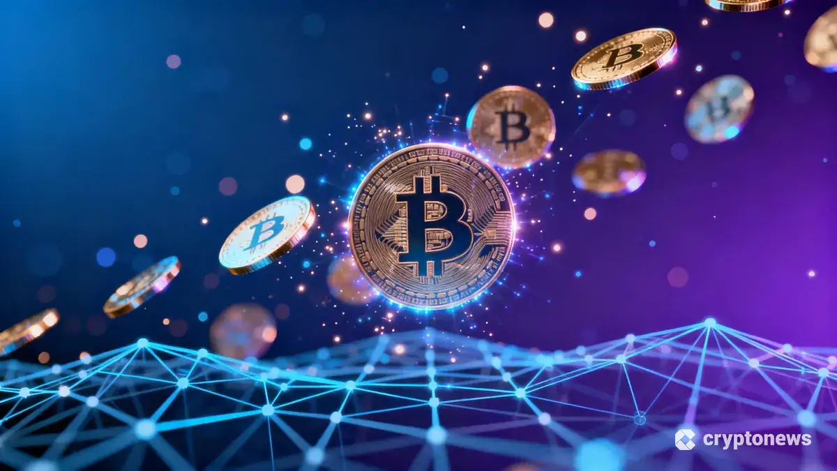 上昇する複数の仮想通貨トークンとデジタルネットワークを表現したダイナミックな構図