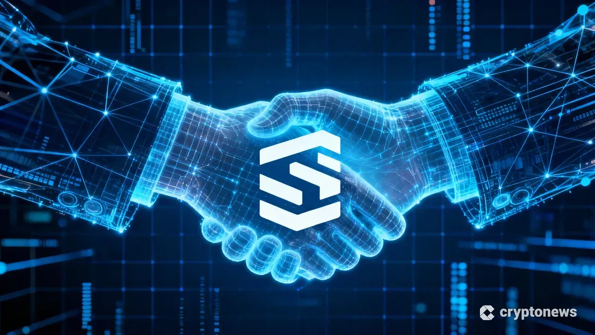 ソラナのロゴとデジタルな握手が描かれた、企業の戦略的提携を象徴する未来的な画像