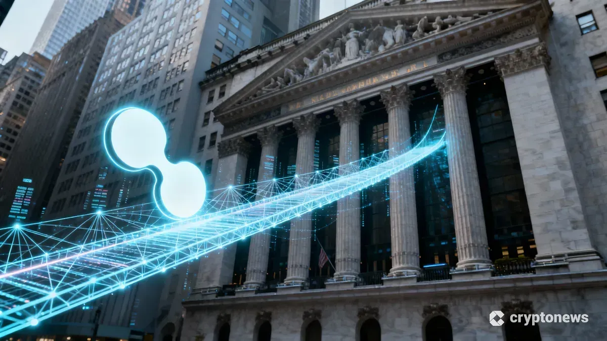 リップルのロゴとウォール街のビルが光の橋で結ばれ、暗号資産と伝統金融の融合を象徴する画像