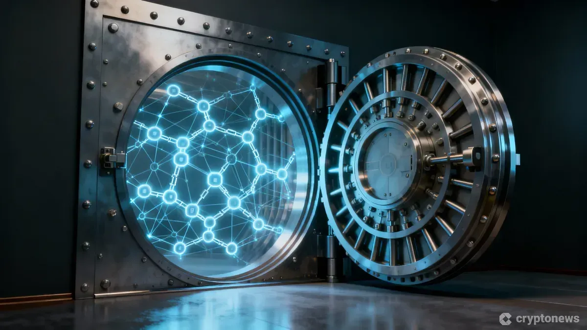 伝統的な銀行の金庫からデジタルのブロックチェーンネットワークが広がる、規制とイノベーションを象徴する画像