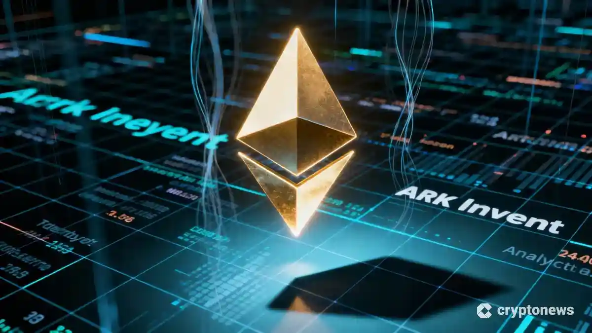 イーサリアムのシンボルとデータネットワークを背景にした、アーク・インベストの投資戦略を象徴する未来的な画像。
