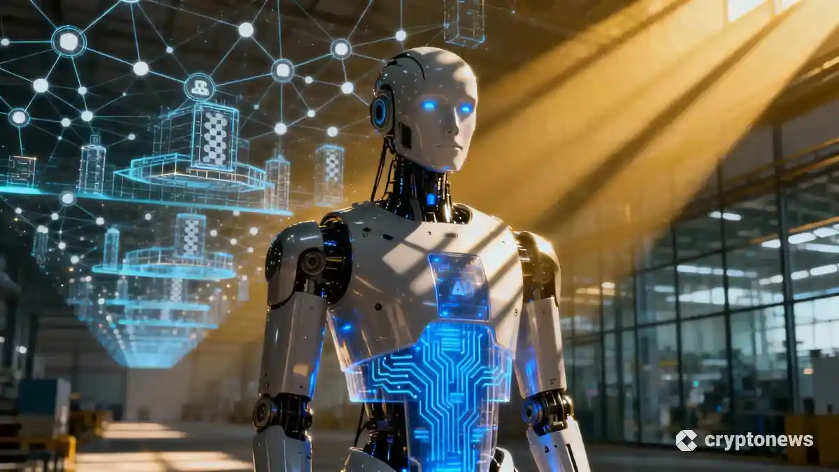 先進的な人型ロボットとデジタルネットワークが融合する未来的な産業空間