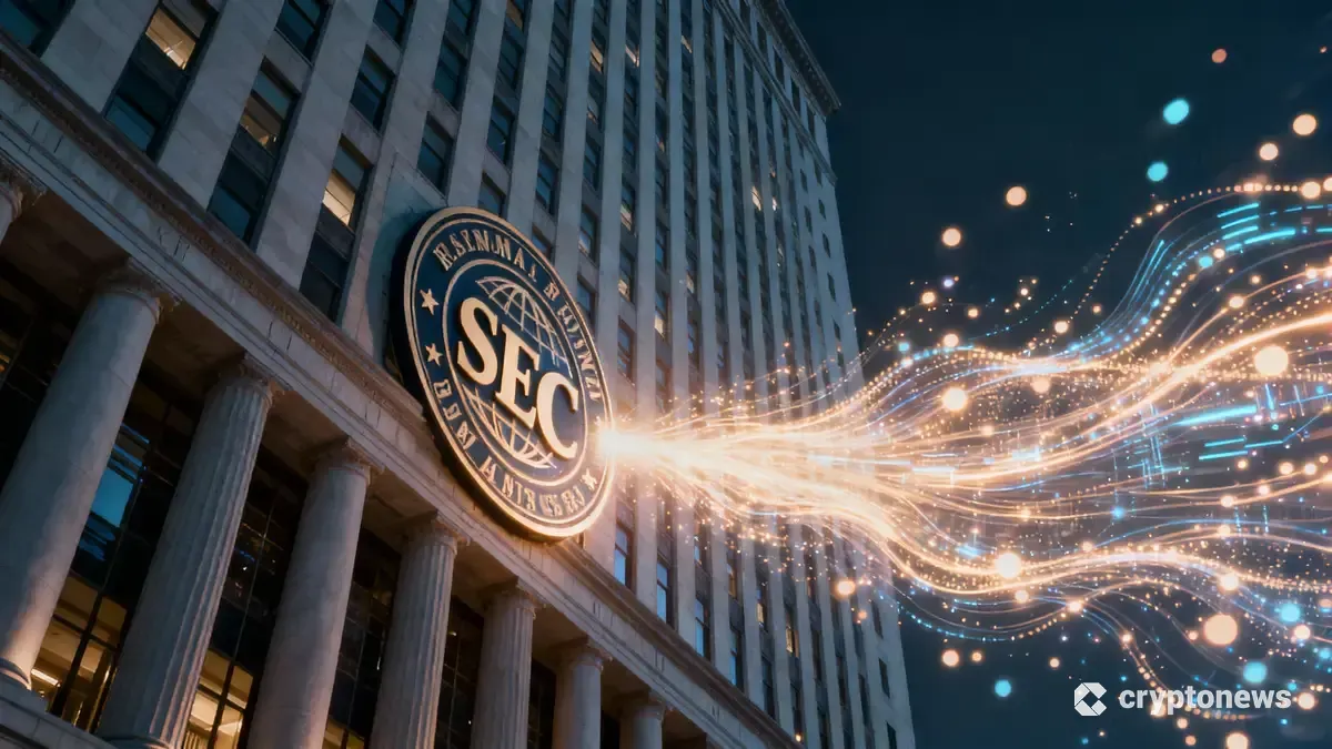 米国証券取引委員会（SEC）の建物からデジタル情報が流れ出す様子を象徴的に表現した画像