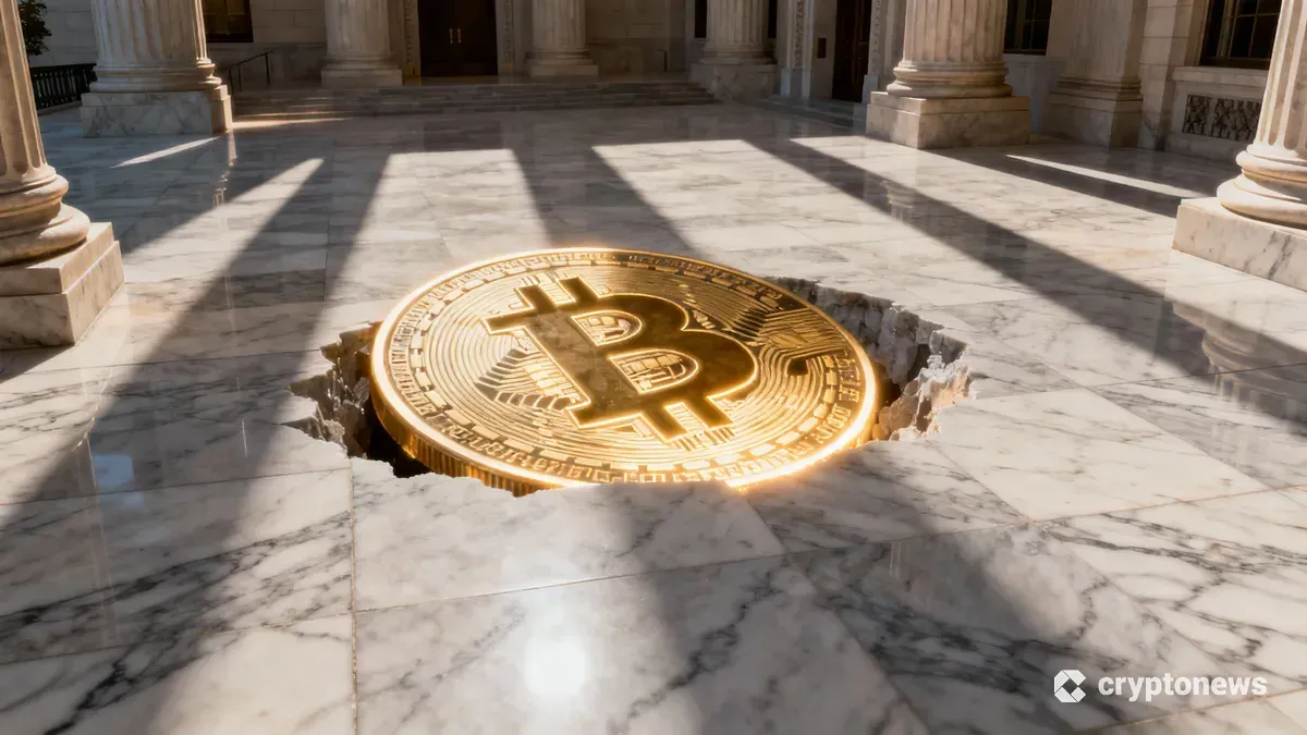 重厚な建物に現れるビットコインのロゴ、機関投資家の参入を象徴する画像