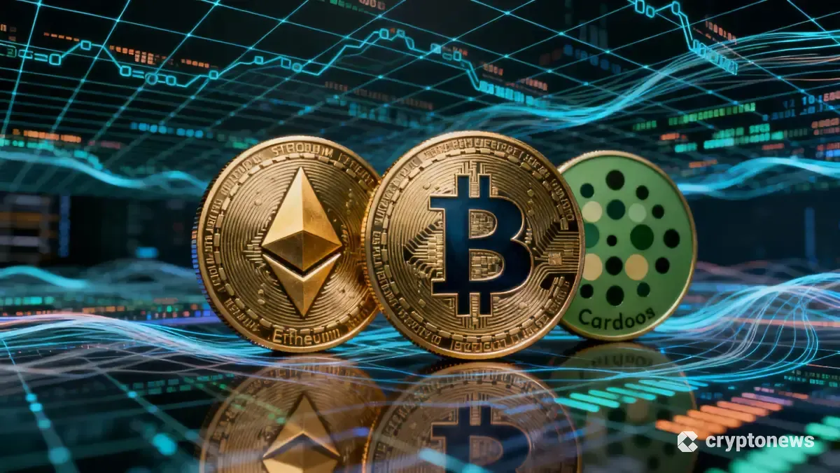 イーサリアム、リップル、カルダノを象徴する抽象的なトークンとネットワークのビジュアル