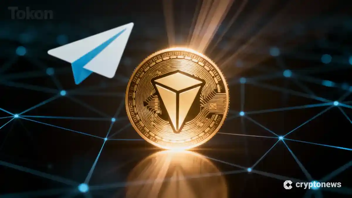 テレグラムと連携するトンコインのロゴと、背景に広がるデジタルネットワークのイメージ。