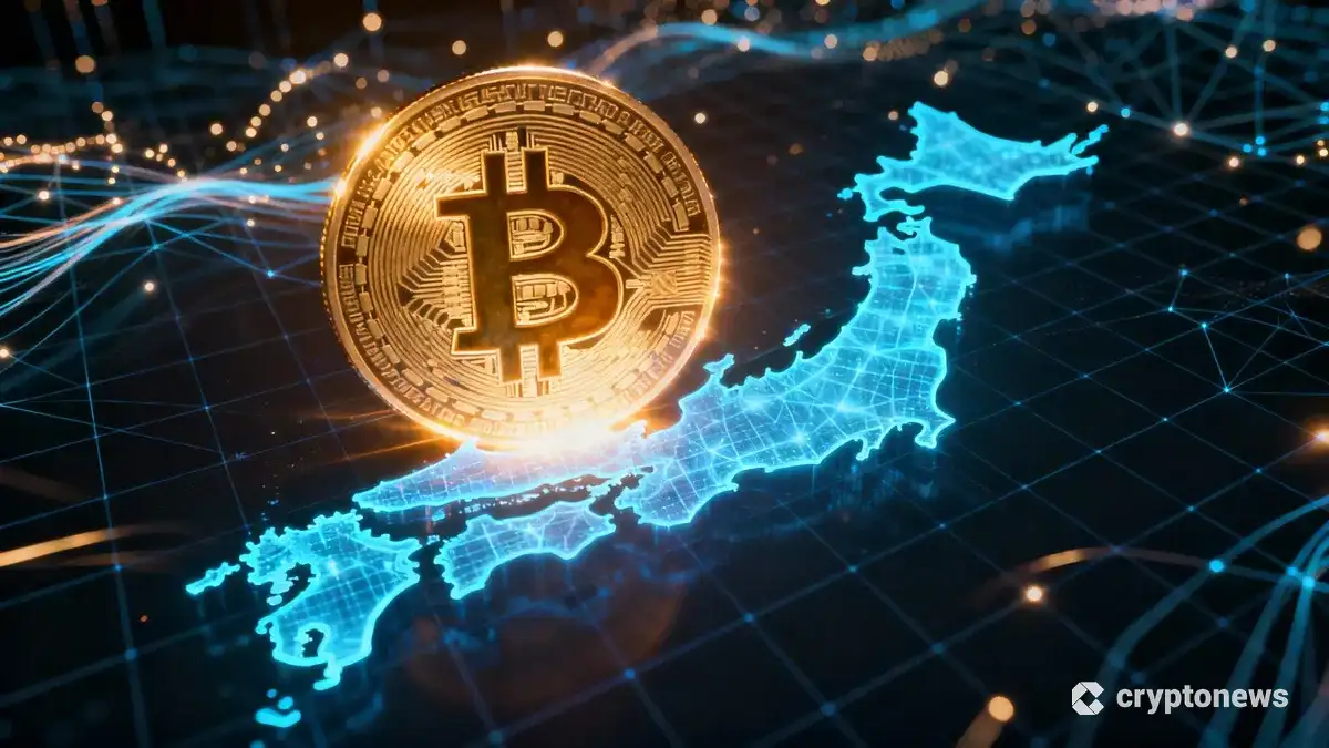 日本地図のホログラムと融合するビットコインのシンボル。日本の金融とデジタル資産の融合を表現