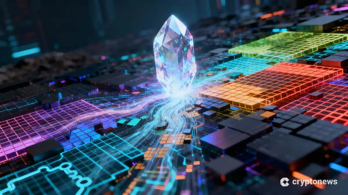 複数のブロックチェーンレイヤーが中央で統合され、一つの光るネットワークになる様子を表したイメージ