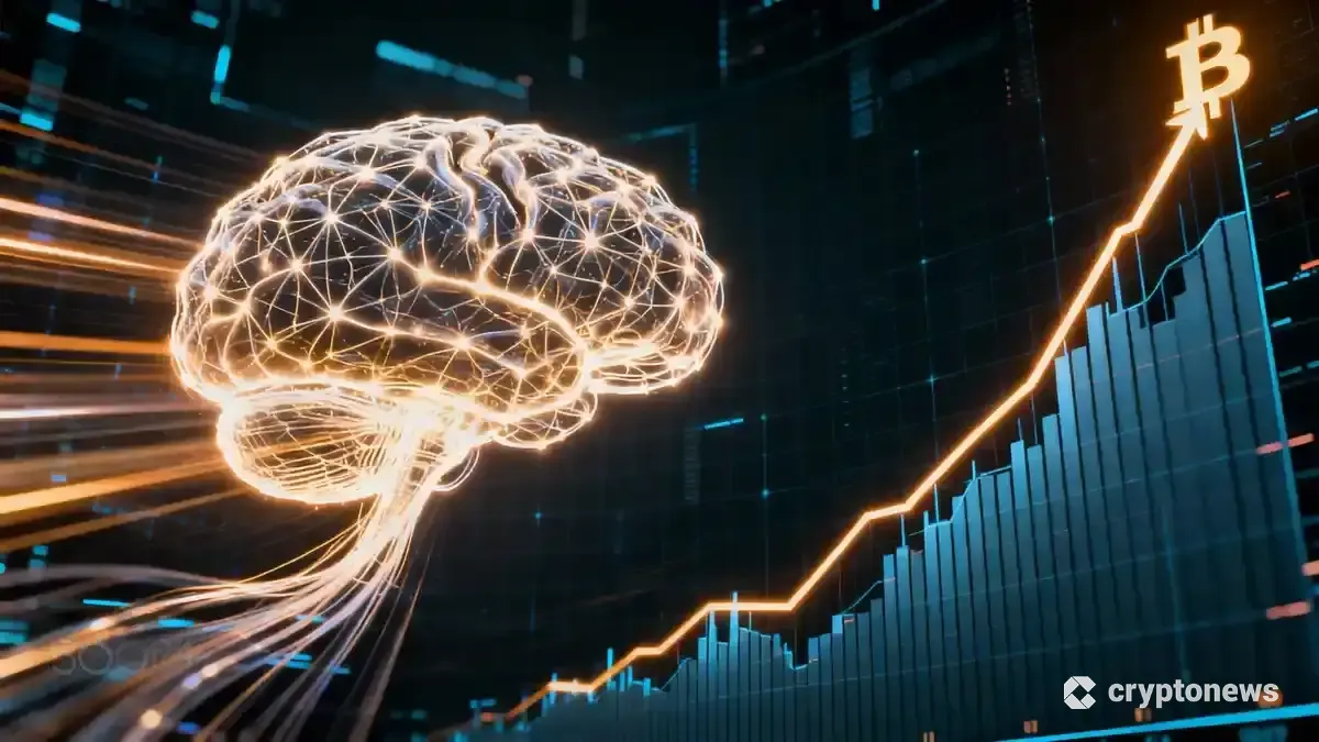 ニューラルネットワークで構成された脳と、急上昇するビットコインの価格チャートが光で結ばれている未来的な画像