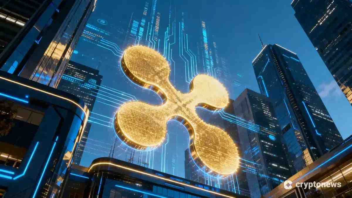 近未来的な金融都市と統合された輝くXRPのシンボル