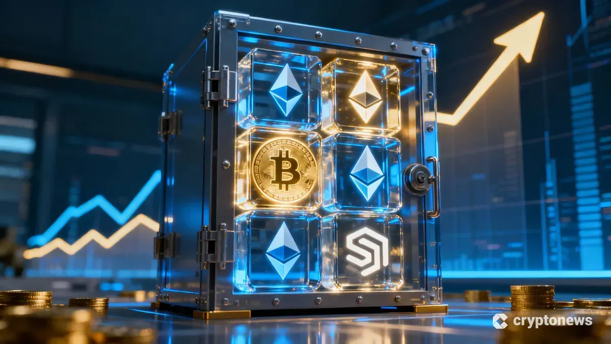 多様な暗号資産が組み込まれたETFポートフォリオを表す未来的なデジタル保管庫のイメージ