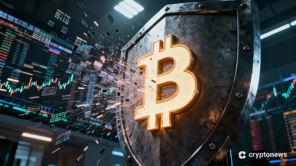 ビットコインのシンボルが描かれた頑丈な盾が、データの流れを弾いている未来的なイメージ