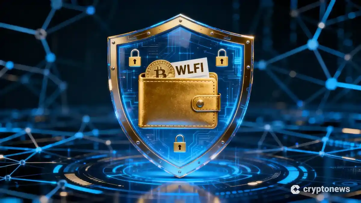 暗号資産ウォレットを保護するデジタルの盾とブロックチェーンの背景