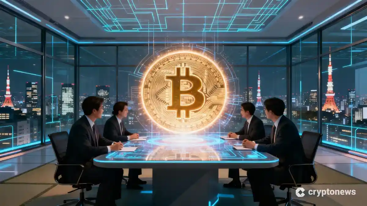 企業戦略を議論するビジネスパーソンとビットコインのホログラムが表示された未来的な会議室